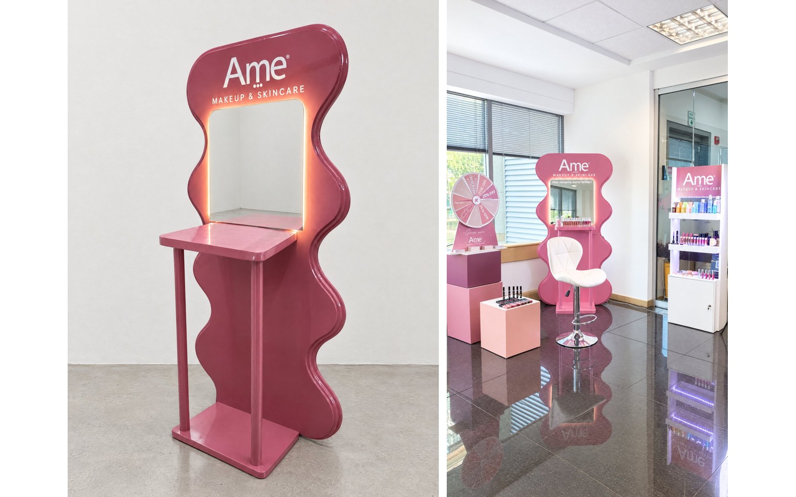 Estación de maquillaje de Ame con panel rosado ondulado y espejo iluminado