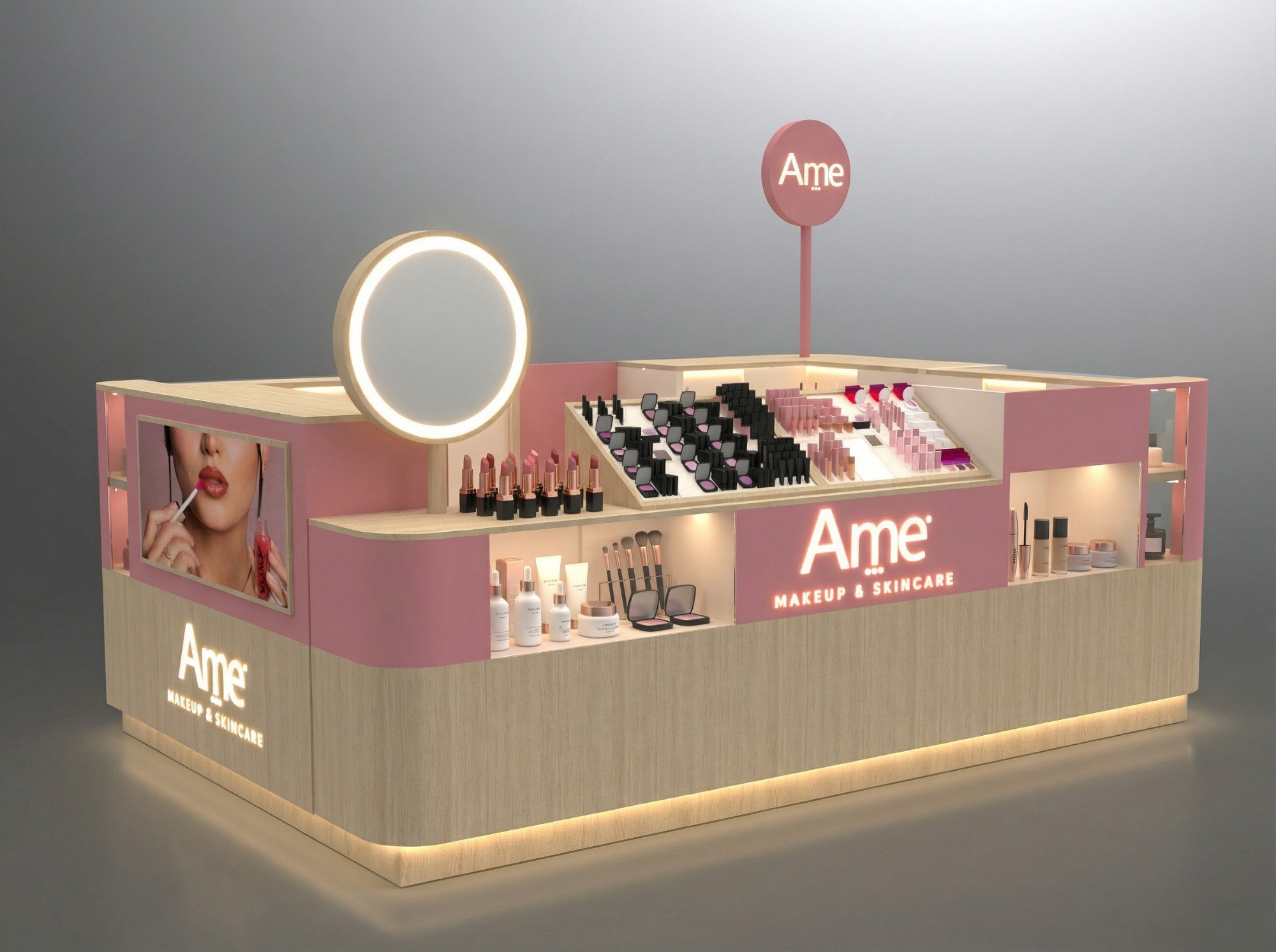 Isla comercial de Ame Makeup & Skincare con espejo iluminado y exhibición de maquillaje
