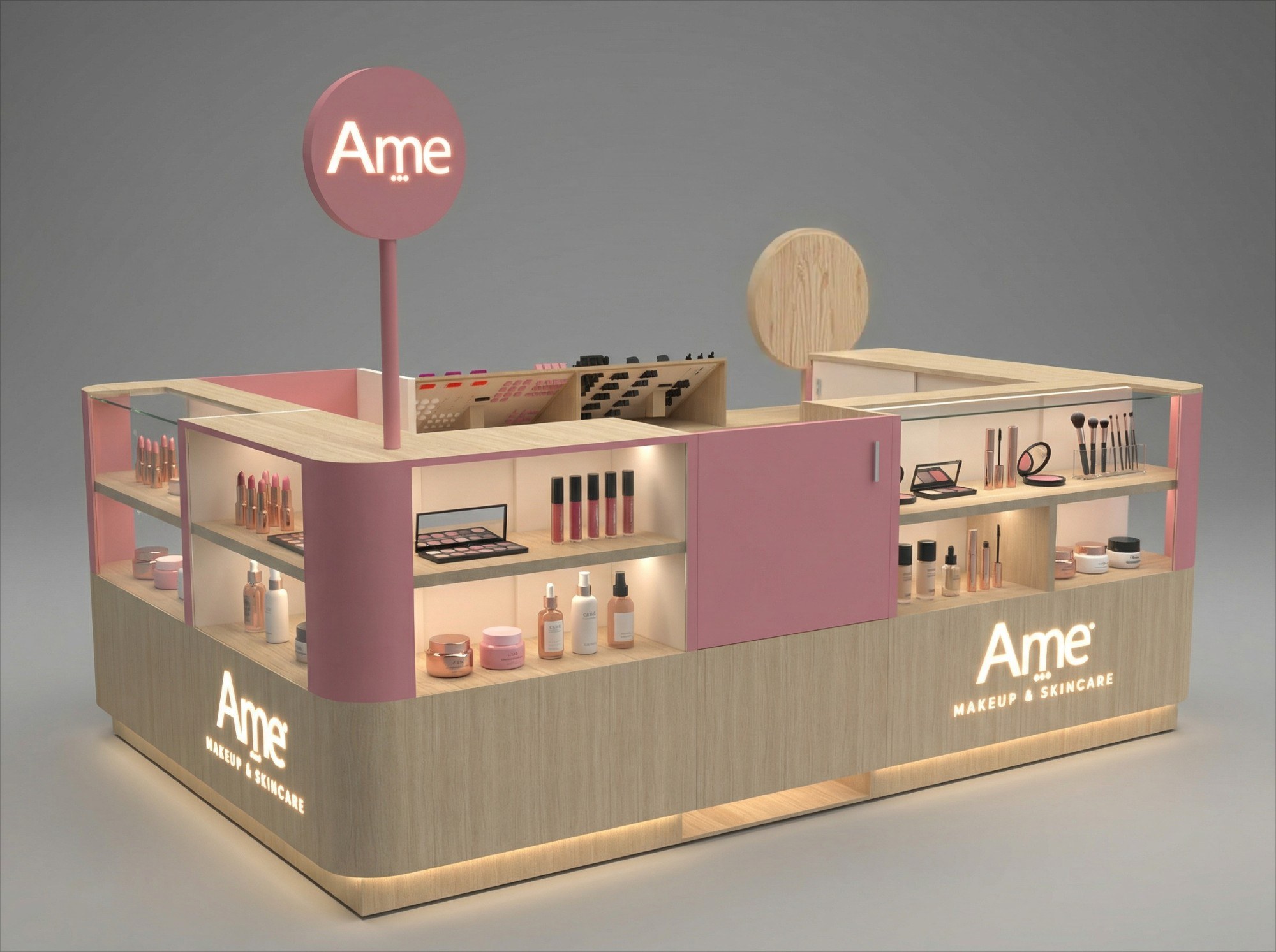 Isla de Ame con exhibición de producto en vitrinas de madera clara y rosa