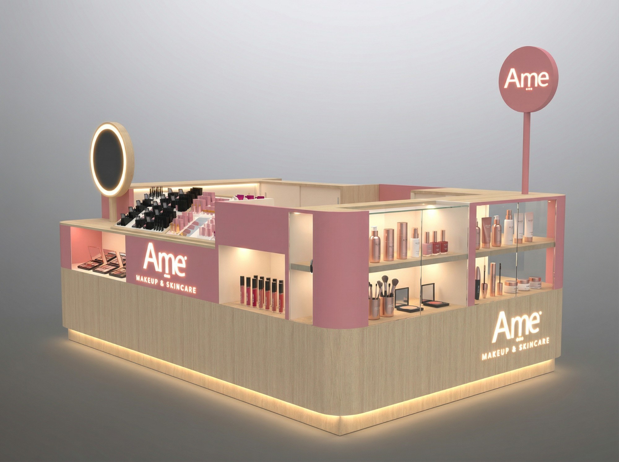 Isla de Ame vista en diagonal, con vitrinas de skincare, labiales y el aviso redondo iluminado