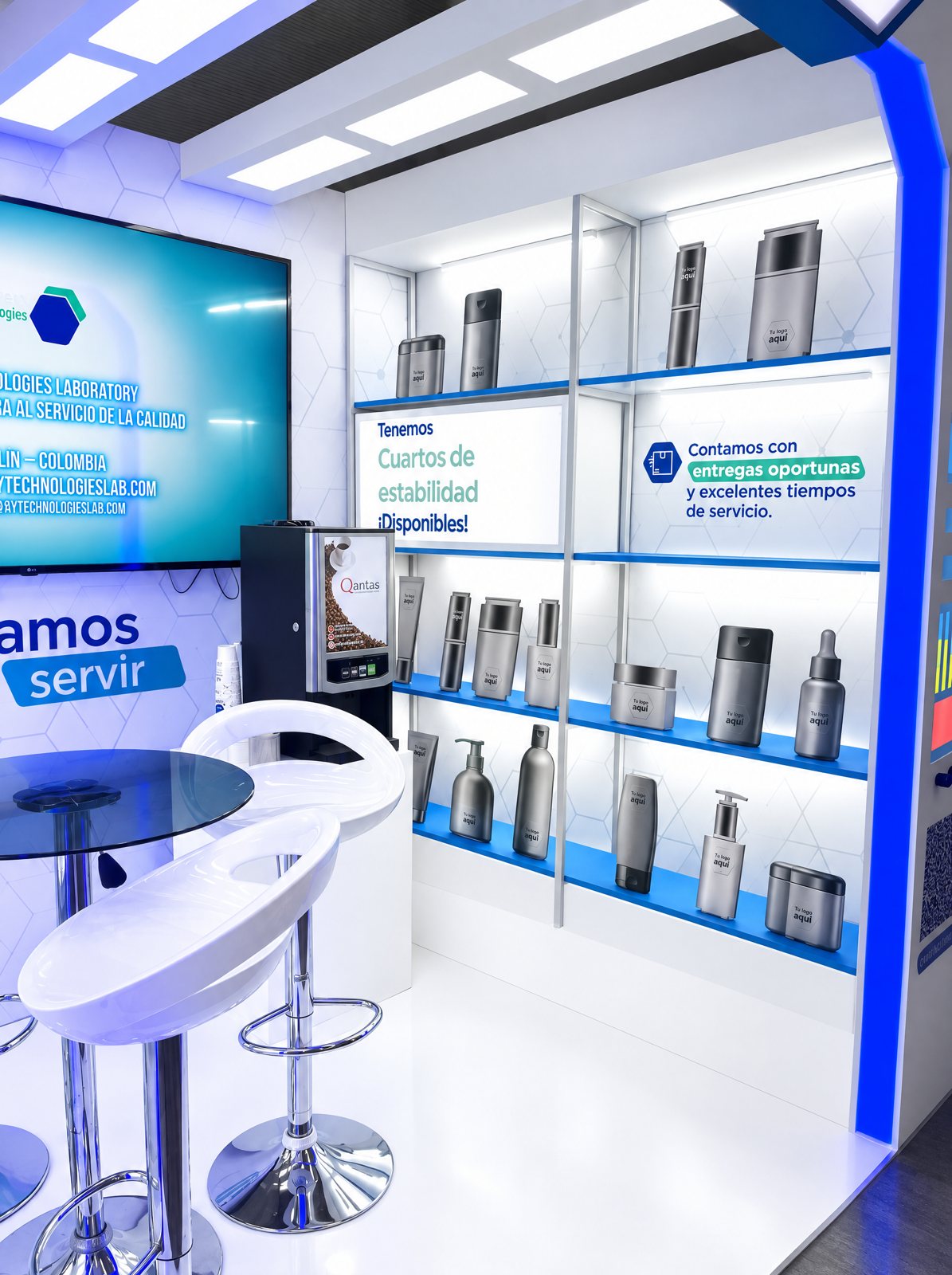 Repisas iluminadas con envases de prueba y el mensaje Tenemos cuartos de estabilidad disponibles