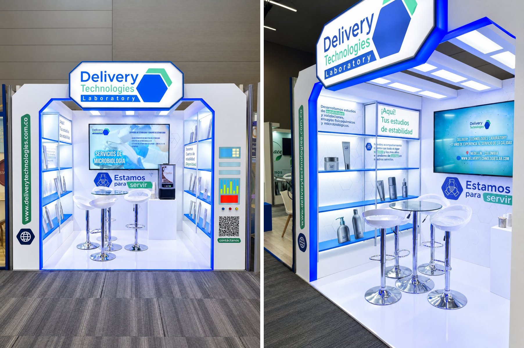 Stand de Delivery Technologies en Maquila 360 Expo con arco de luz azul
