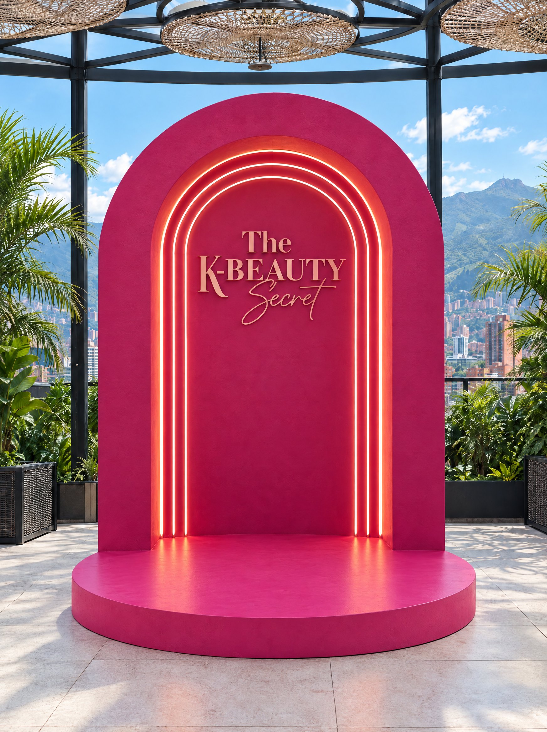 Arco fucsia con tres líneas de neón y el texto The K-Beauty Secret sobre una tarima semicircular, con Medellín de fondo