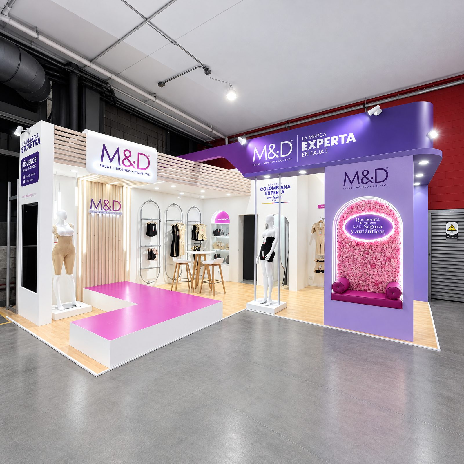 Stand de Fajas M&D en Colombiamoda con pasarela magenta, letrero retroiluminado y muro de flores