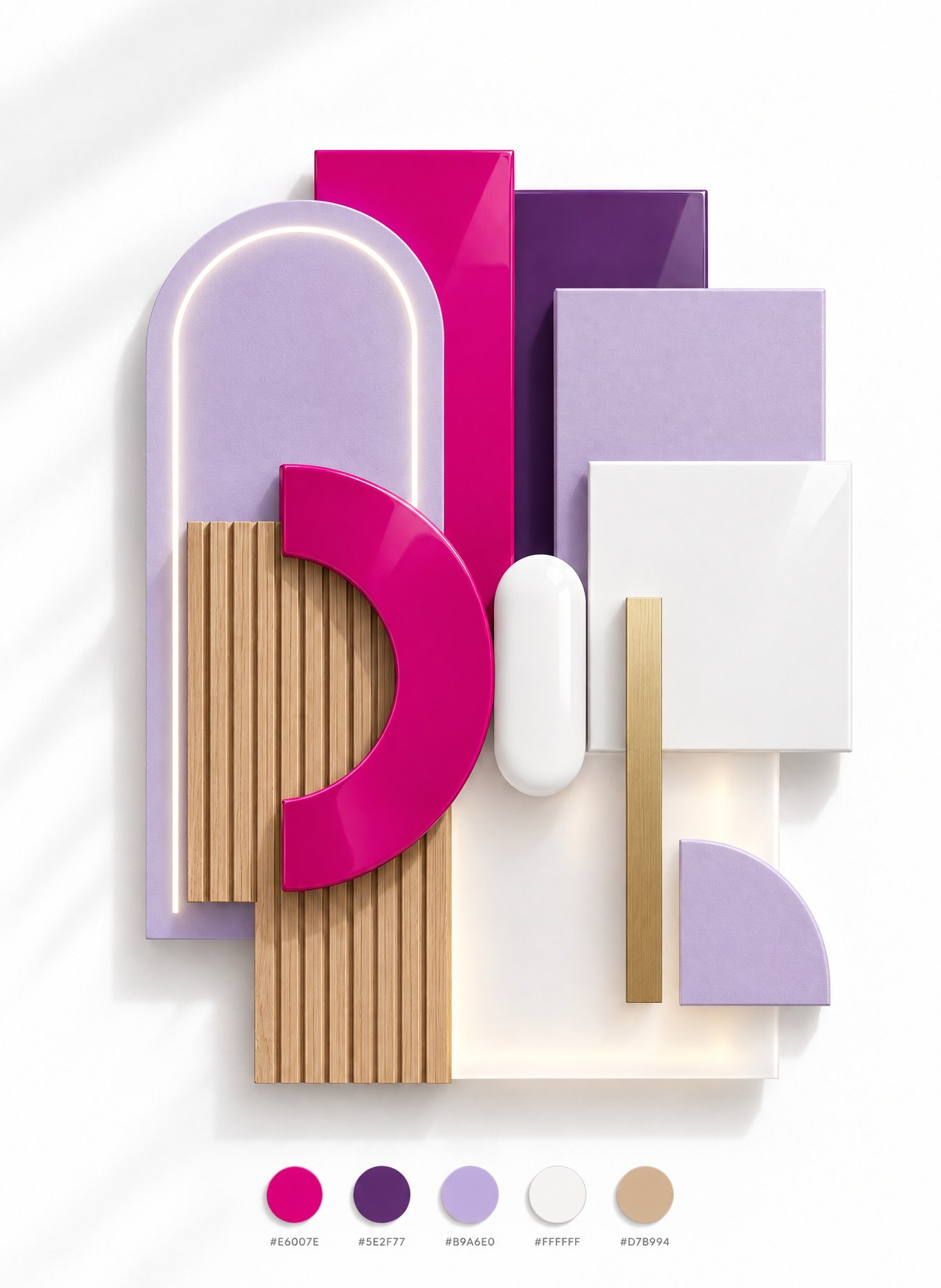 Moodboard de dirección de arte de M&D: arcos, curvas y muestras de laca magenta, morado, lila y blanco, madera, acrílico retroiluminado y metal dorado, con la paleta de color de la marca