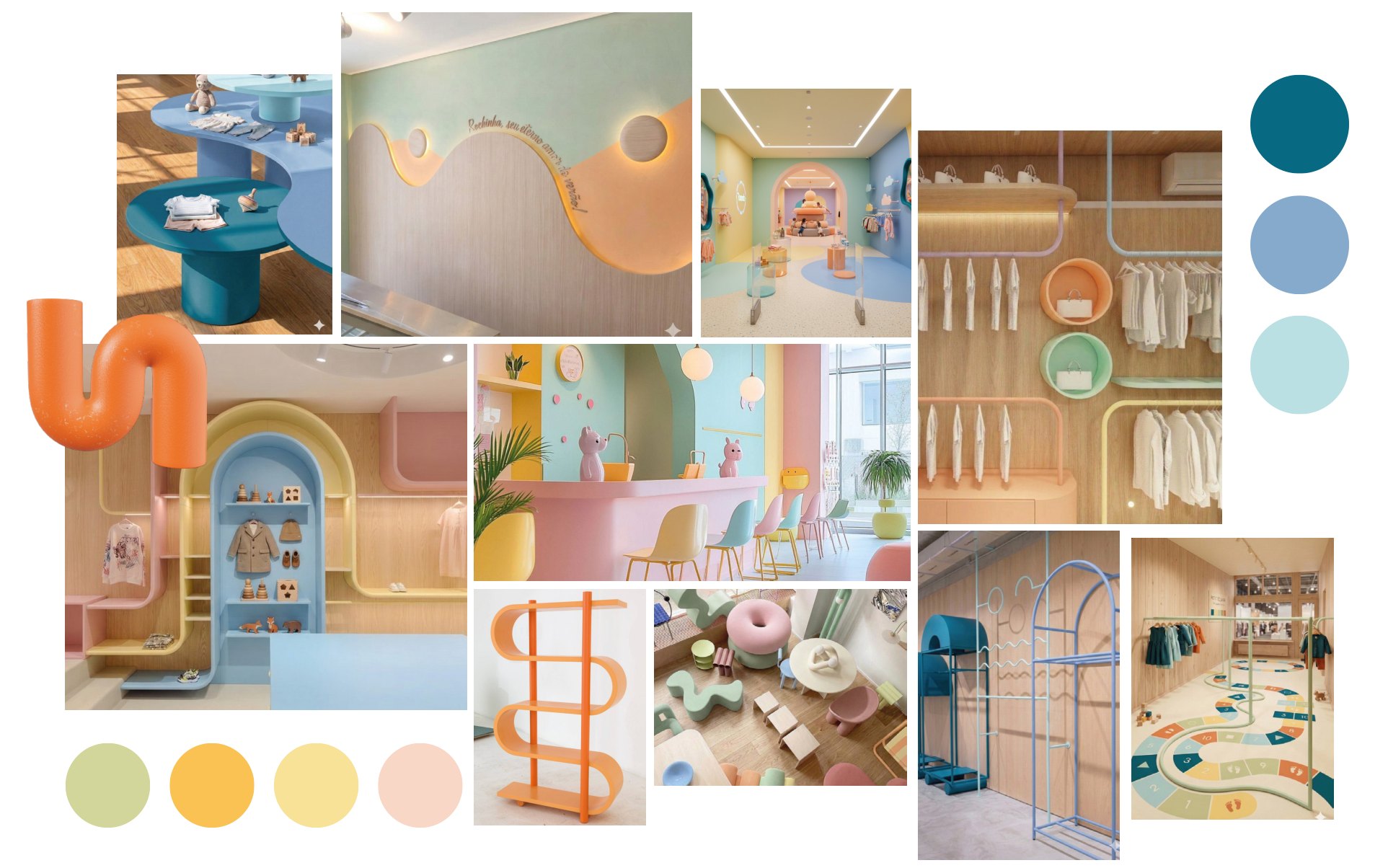 Moodboard look and feel del stand de Pamodiz: formas onduladas, colores pastel y mobiliario infantil