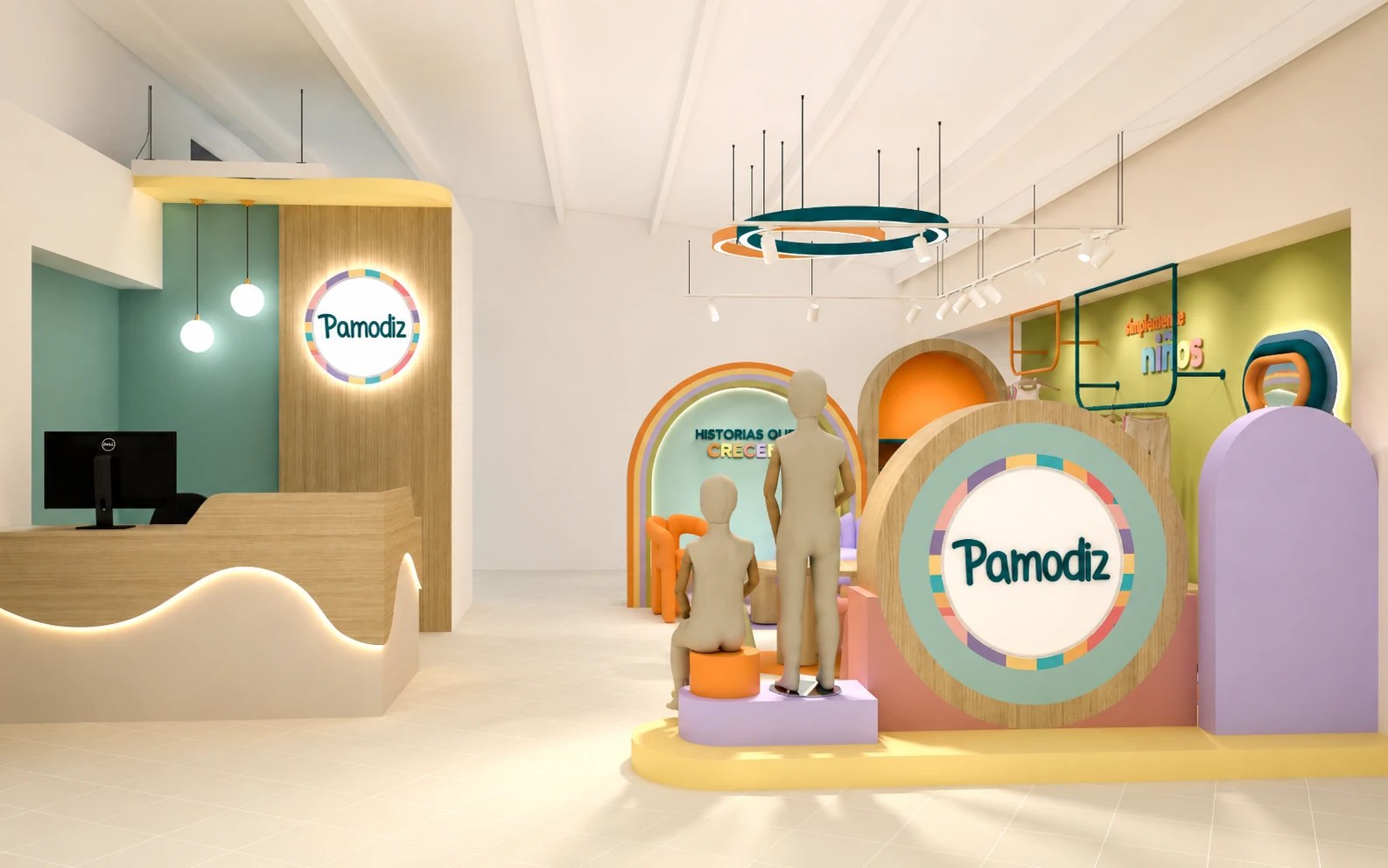 Recepción con logo iluminado y vista del showroom con el exhibidor circular de Pamodiz