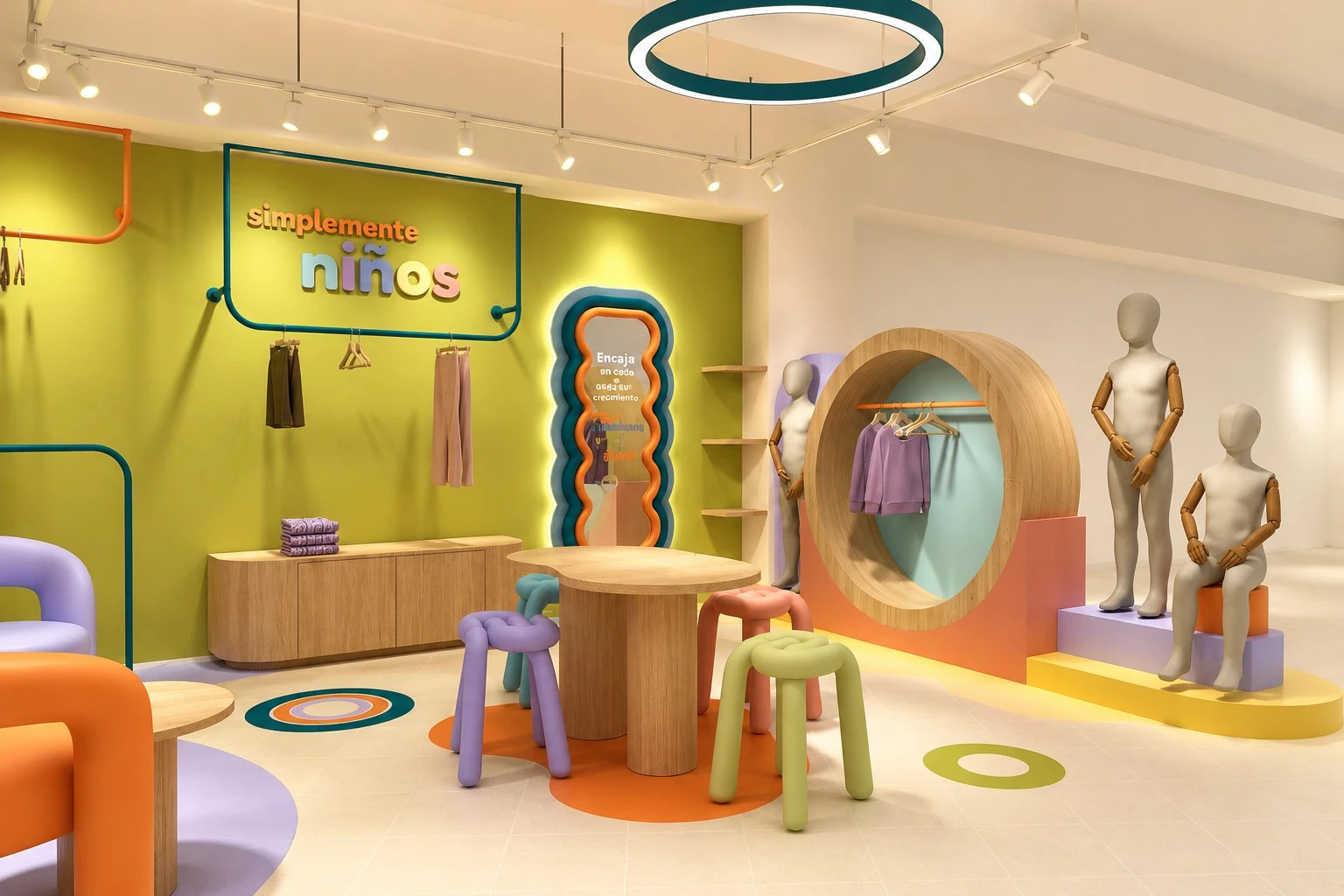 Mesa de juego con banquitos, espejo ondulado y exhibidor circular de madera con maniquíes infantiles