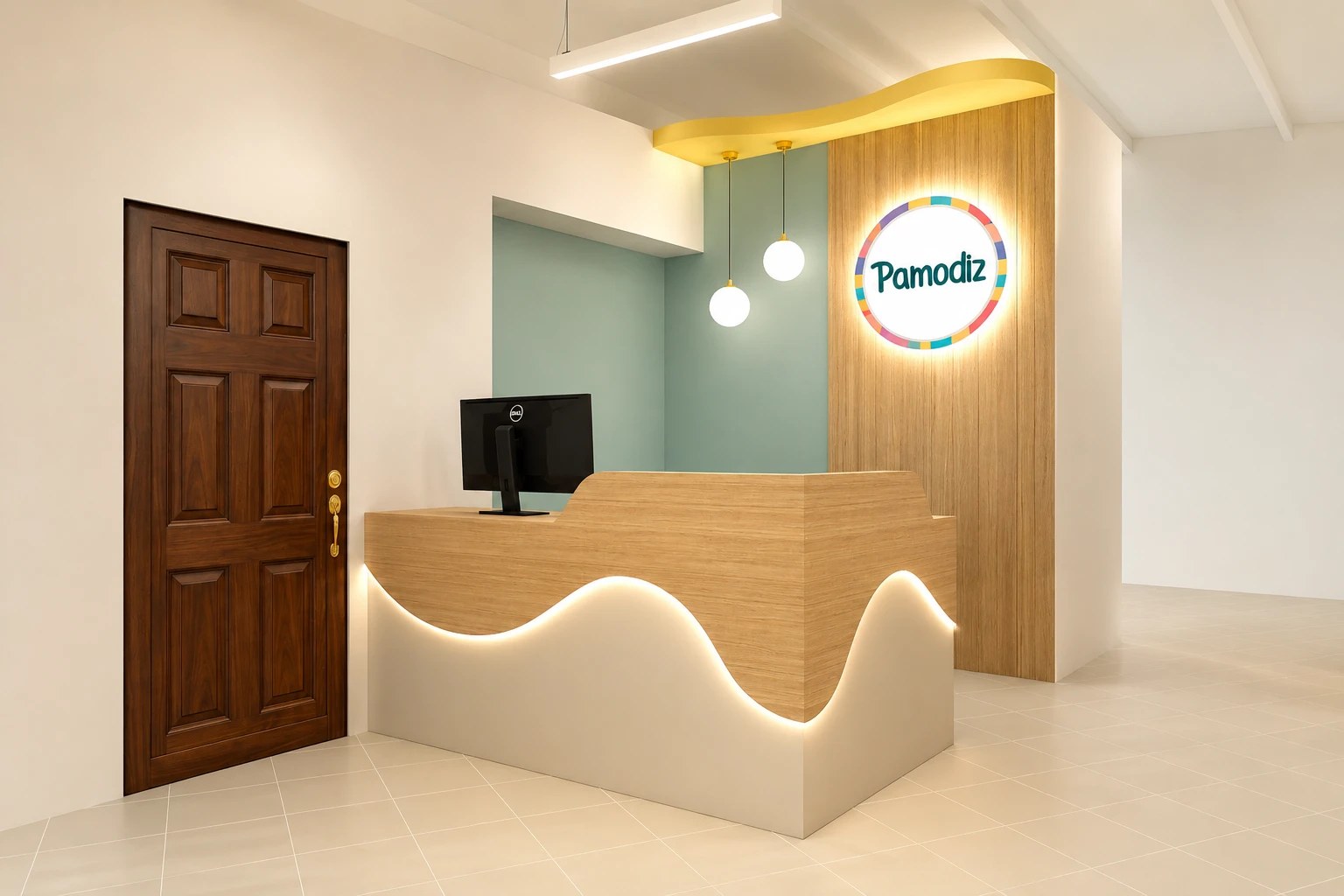 Recepción con mueble de madera ondulado iluminado y logo de Pamodiz