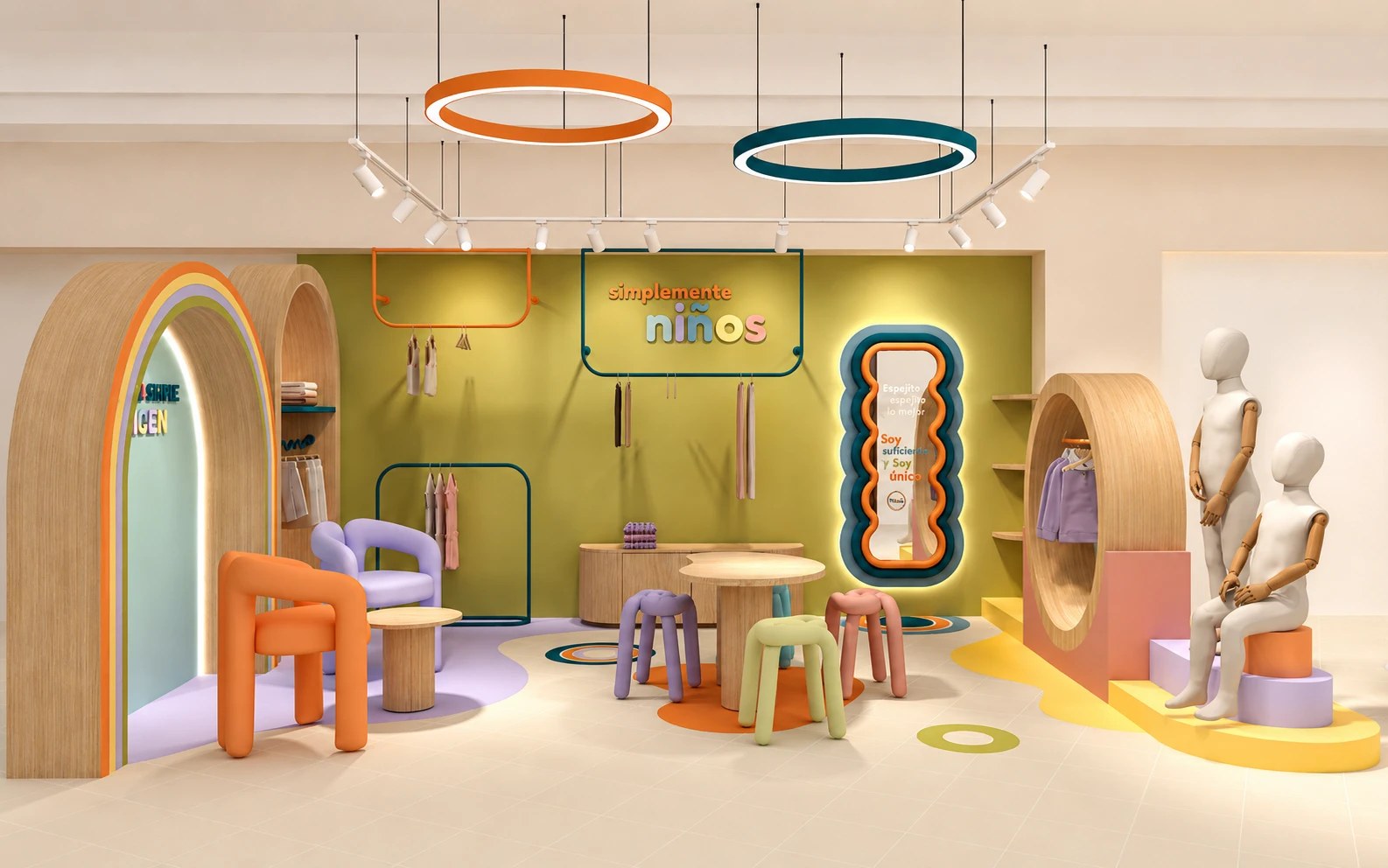 Muro verde Simplemente niños con perchas de colores, espejo ondulado iluminado y lámparas circulares