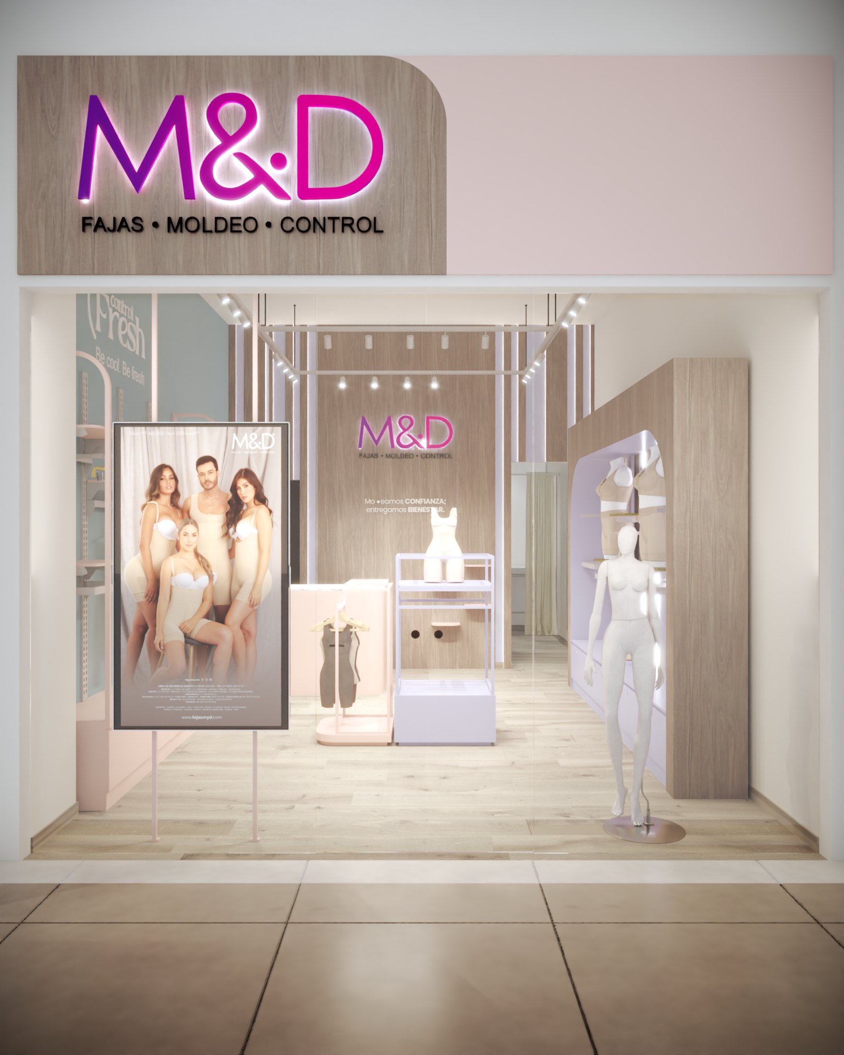 Fachada del local de Fajas M&D con el logo iluminado sobre madera, vitrina y maniquí