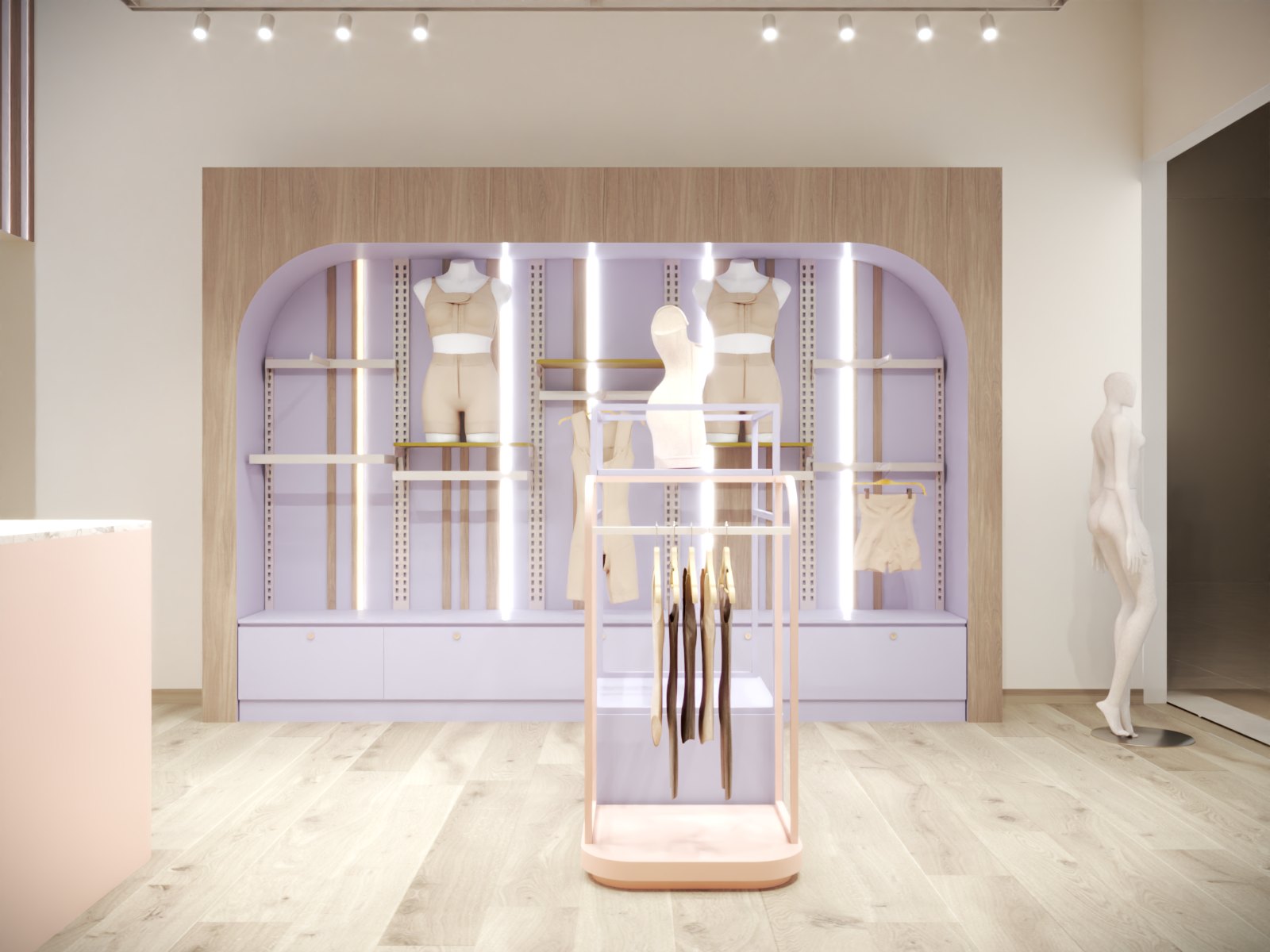 Nicho curvo lila con luz lineal y exhibición del producto estrella